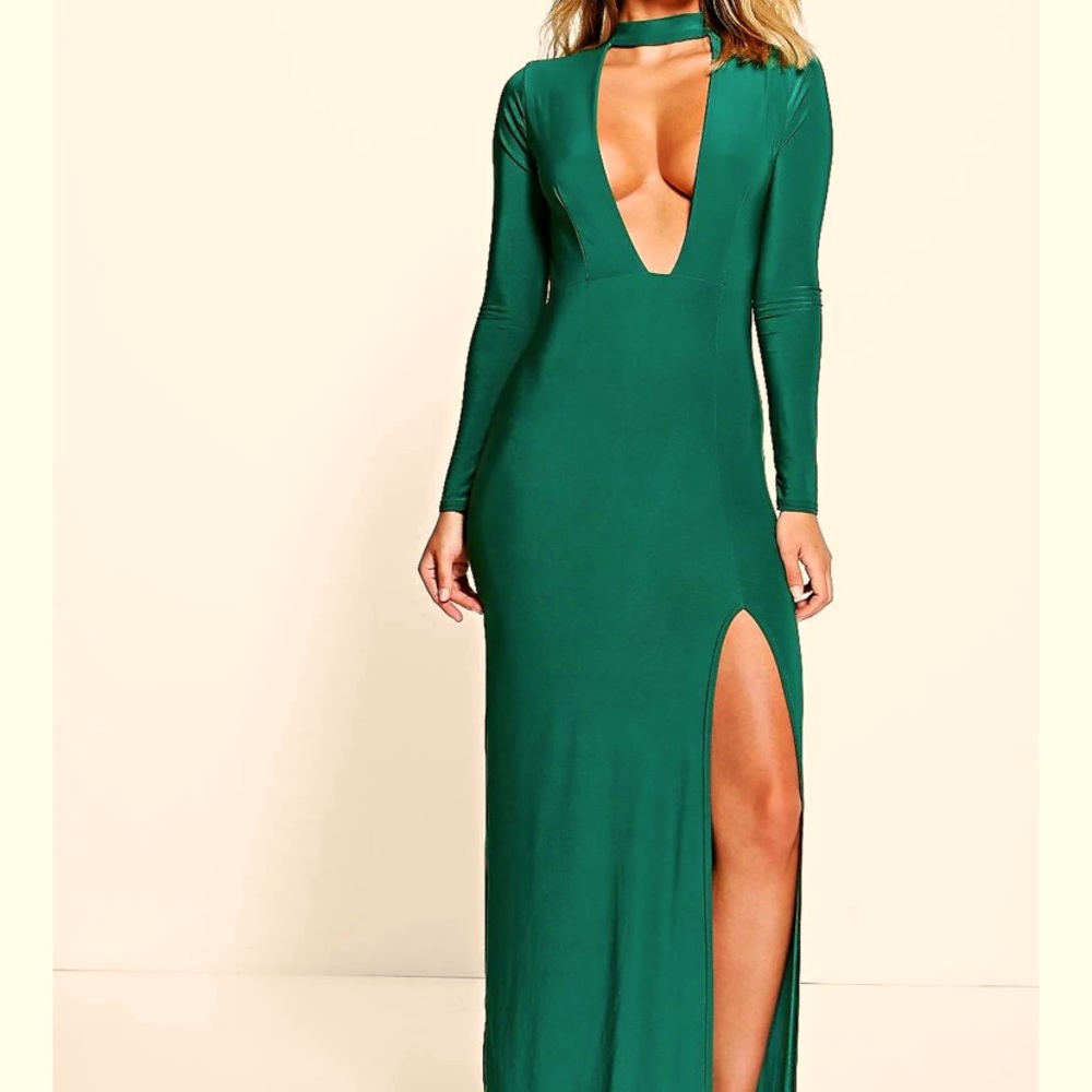 Rezy Choker Long Sleeved Slinky Maxi Dress Boohoo